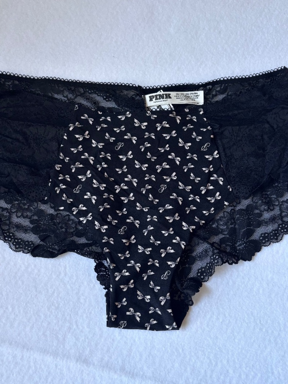 NWT Victoria's Secret PINK Wink Lace Trim Cheeky Panties XL Black Bow Print